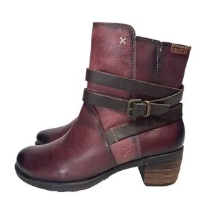 Pikolinos Burgundy Leather Ankle Boots Buckle Straps Side Zip Block Heel Size 35